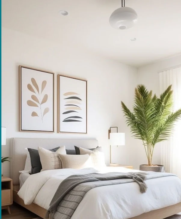A serene bedroom with botanical art, layered linen and natural greenery